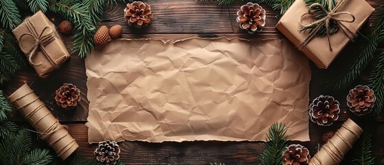 An empty sheet of paper, a spruce tree, a gift box, and a scroll on wooden boards forms the backdrop to this Christmas background.