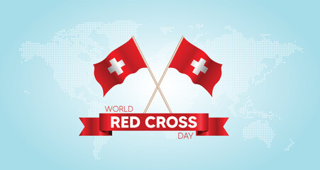 World Red Cross Day waving flag with world map vector poster