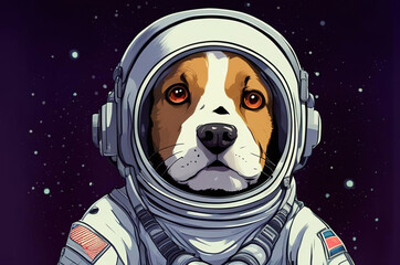A dog in a spacesuit in outer space. AI generation.