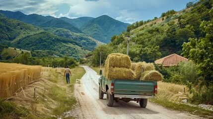 Naklejka premium Rural scene with a pickup truck loaded with hay bales on a dirt road