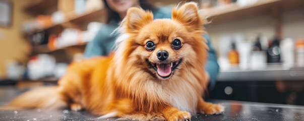 Fluffy smiling Pomeranian dog with happy expression in brown coat lies on countertop in pet friendly cafe or groomer room on blurred background with shelves