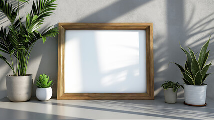 Empty wooden frame on white shelf with various potted plants, sunlight casting shadows on wall