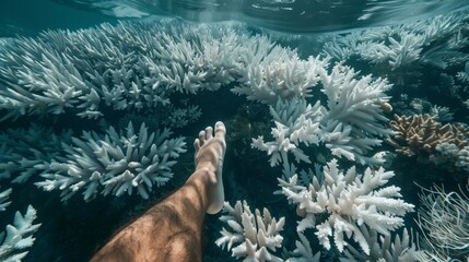 A person's bare foot above a serene white coral reef underwater