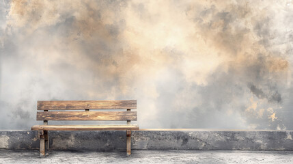Solitary wooden bench against textured cloudy mural evoking sense of contemplation and solitude. Scene combines rustic charm with ethereal backdrop