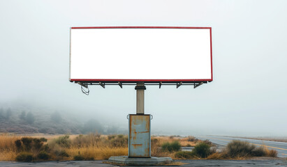 Blank white billboard standing solitary in foggy desolate landscape waiting for message. Potential for advertising in remote area