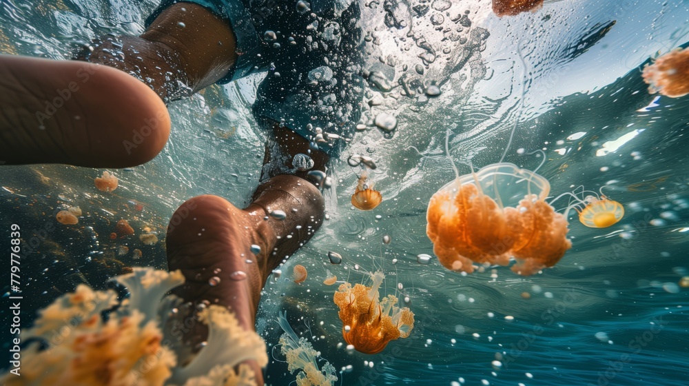 Canvas Prints Underwater view of person with jellyfish and sunlight filtering through water.