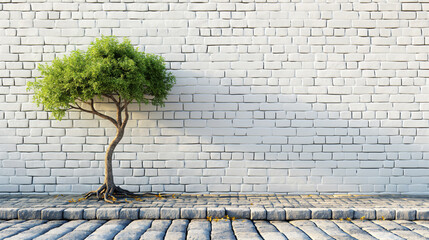 Single tree with lush foliage against clean white brick wall, cobblestone pavement beneath. Contrast symbolizes nature resilience in urban setting