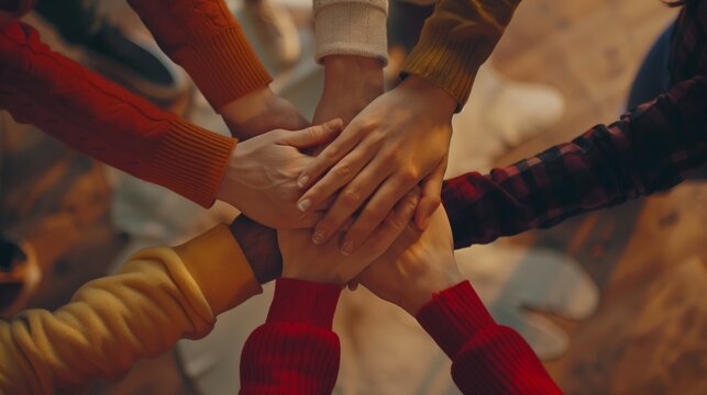 A team stacks hands together in a gesture of unity and cooperation.