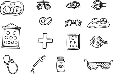 Doodle optometry icons set. Sketch medical health care vector illustration