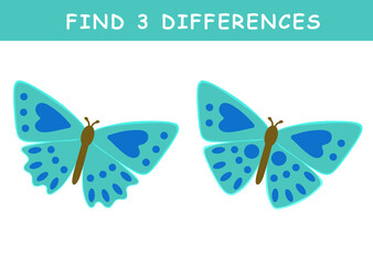 Find 3 differences in illustration. Educational activity with cute butterfly illustration. Spot difference. Educational fun game for children.