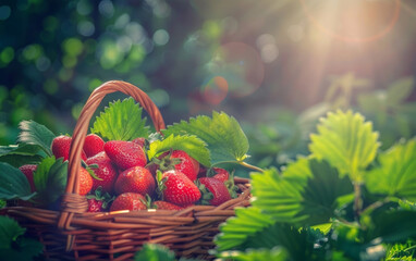 A wicker basket overflows with luscious, ripe strawberries nestled amongst green leaves, creating a vibrant, natural still life composition. - Powered by Adobe