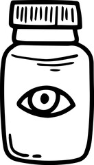 Optometry pills or vitamins in plastic jar icon in doodle style. Medical health care for eyes.  Vector illustration