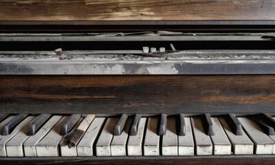 Fototapeta na wymiar Close-up of an antique piano's weathered keyboard, with missing keys and faded wood, portraying the charm of a bygone musical era and cherished melodies. AI generation