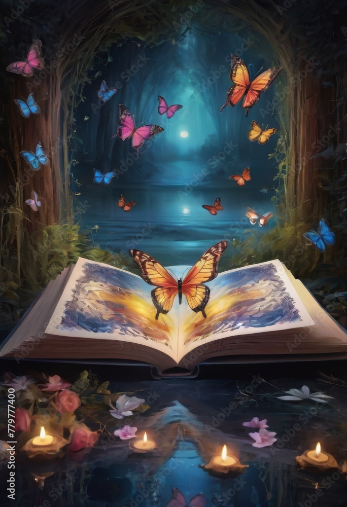 Poster a captivating book lies open by a tranquil moonlit pond, its pages aflutter with radiant butterflies