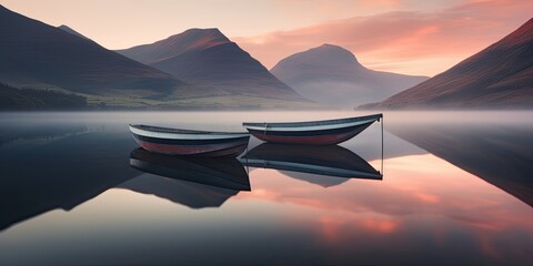 Bask in tranquility as boats gently sway at the pier, the serene waters mirroring the ethereal sky, evoking a sense of calm and relaxation. - obrazy, fototapety, plakaty