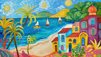 Fototapeta na wymiar Vibrant Coastal Town: A Colorful Artistic Seaside Painting