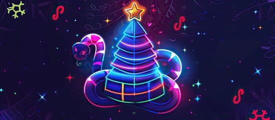 A vibrant neon illustration of a snake coiled around a Christmas tree - obrazy, fototapety, plakaty