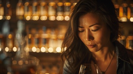 A contemplative Asian woman engaging in the ritual of tasting whiskey her experience a journey of flavors - obrazy, fototapety, plakaty