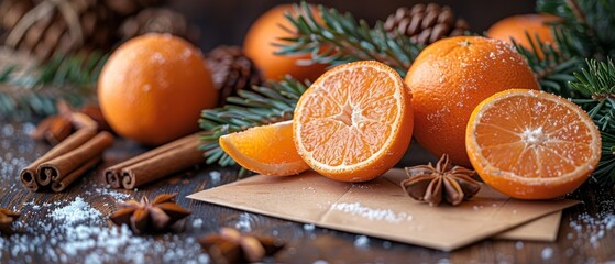 Winter holidays snowing concept with tangerines, spruce, spices, and empty greeting card. Christmas background with tangerines, spruce, spices, and empty greeting card. New Year Celebration theme.