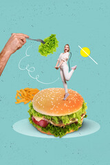 Photo collage vertical poster standing young girl excited desired food burger nutrition lettuce...