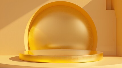 Fototapeta premium Minimalist yellow circular stage with an arched backdrop and textured surface