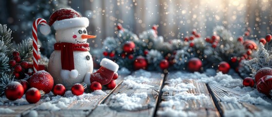 On wooden planks background, Christmas interior with branches, snowman, Santa boot, presents and candy canes. A composition for the New Year... © Антон Сальников
