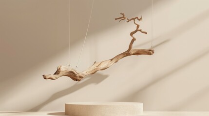 Suspended driftwood art piece against beige backdrop with diagonal shadows. - obrazy, fototapety, plakaty