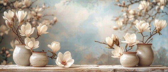 White magnolia flowers, photo frames, and ornaments on shabby wooden planks. Copy space included.