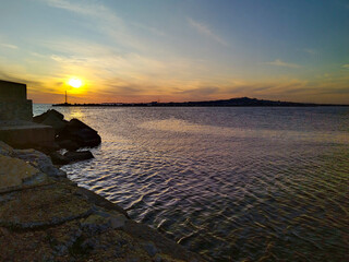 Breakwater at sunset time, montevideo coast, uruguay - 779778618