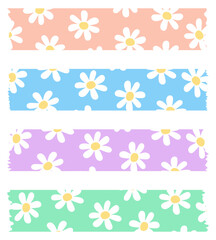 Set of colorful washi tapes with flowers isolated on white. Washi tapes collection in vector. Pieces of decorative tape for scrapbooks. Torn paper. Pattern with daisies