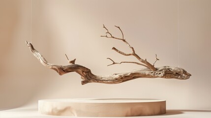 Suspended driftwood sculpture displayed against a beige background - obrazy, fototapety, plakaty