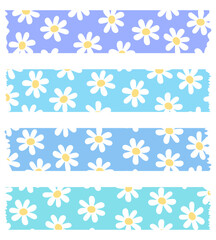 Set of colorful washi tapes with flowers isolated on white. Washi tapes collection in vector. Pieces of decorative tape for scrapbooks. Blue torn paper. Pattern with daisies