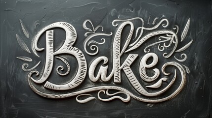 Flour 'Bake' lettering on dark textured background, culinary concept