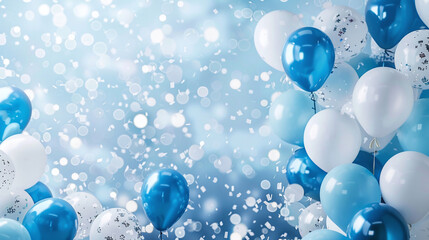 Festive blue and white balloons with confetti, perfect for party backgrounds, celebrations, and event designs.