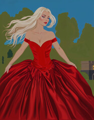 A digital illustration of a glamorous blonde woman in a voluminous red ball gown with windswept hair against a stylized background.