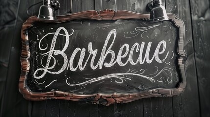 Vintage chalkboard with stylized 'Barbecue' lettering on a dark wooden wall.
