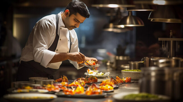 Sous chef preparing dish in the hotel kitchen, culinary and hotel management concept