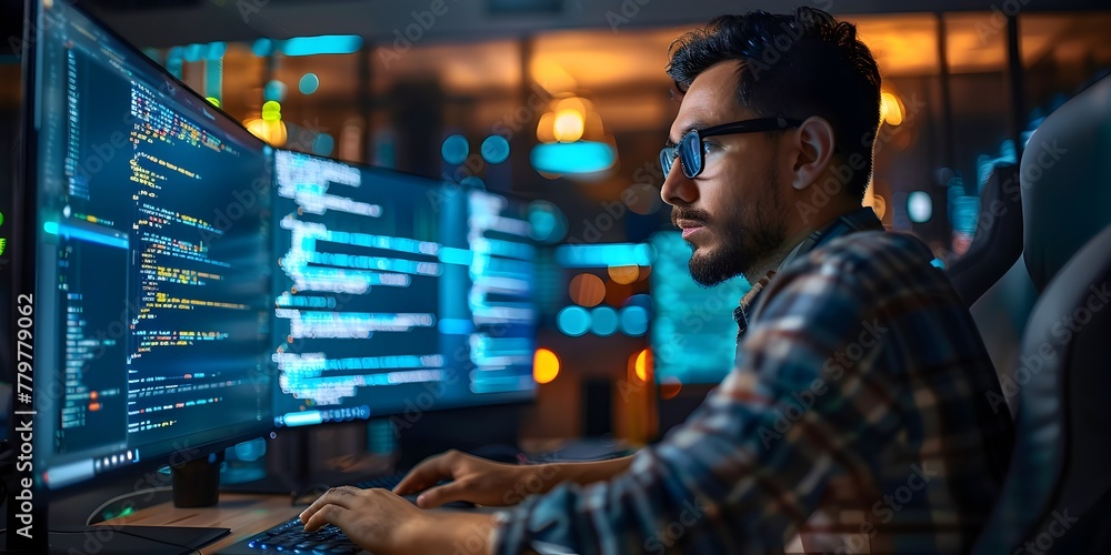 Poster cybersecurity expert analyzing code on multiple monitors to safeguard digital assets