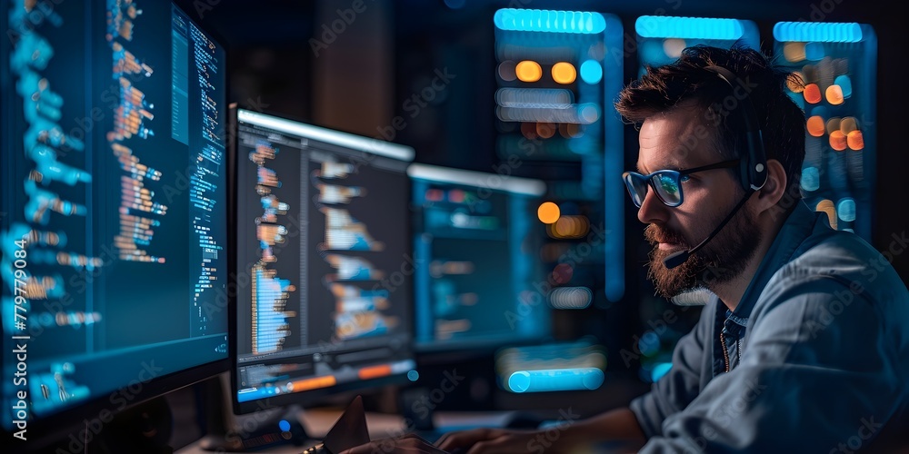 Poster cybersecurity professional analyzing code on multiple monitors to safeguard digital assets