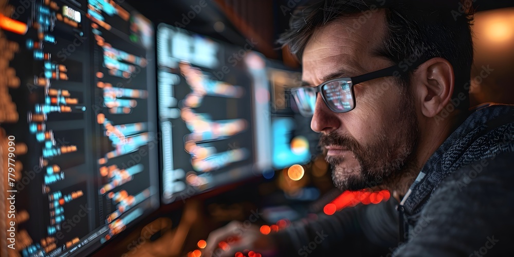 Poster cybersecurity expert diligently safeguarding digital assets by analyzing complex code on multiple mo