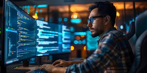 Cybersecurity Expert Analyzing Code on Multiple Monitors to Safeguard Digital Assets