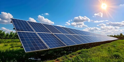 Vast Solar Panel Farm Harnessing Renewable Energy Under Bright Sunny Sky