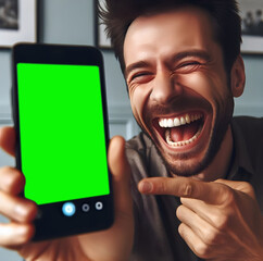 Man shows screen of his smartphone and laughs fervently