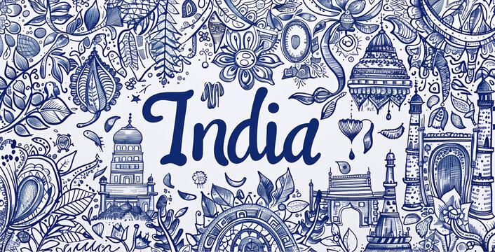 Artistic blue and white illustration with the word India and cultural motifs