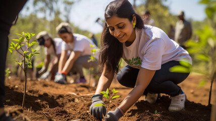 Indian woman plating trees in the garden, nature lover concept 