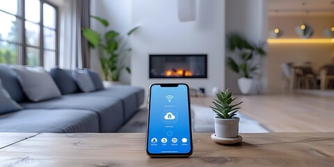 Smartphone Displaying Home Automation App Controlling Smart Devices in Cozy Minimalist Living Room