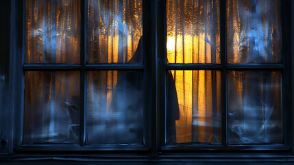 Blurred ghost silhouette in bedroom window at night horror scene on Halloween