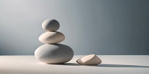 Three perfectly balanced stones in a zen-like composition with a smooth shadow on a minimalist background 4K Video