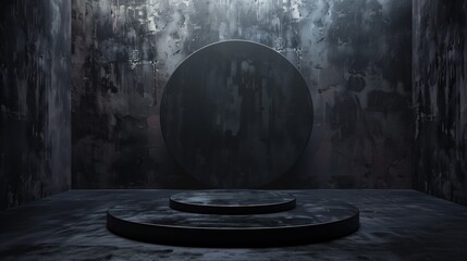 Contemporary dark scene with a circular black pedestal in a textured room