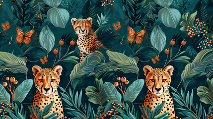Pattern with jaguars in a jungle with plants, berries, butterflies and other fauna with teal and orange tones. Background for a wallpaper with an illustration with watercolors and acrylic paint - obrazy, fototapety, plakaty